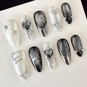 Press On False Nails, Black White Cat Eye, Silver Chrome, White Iridescent, Y2K Style, for Cool Girls, Party & Birthday Occasions