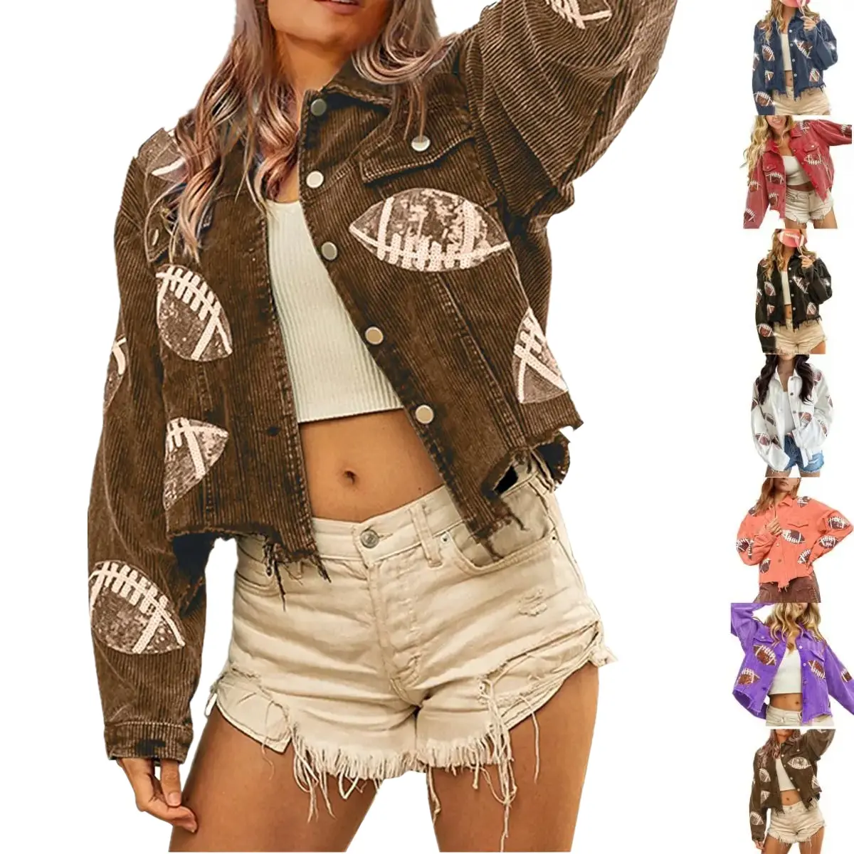WoodBerry Women's Vintage Corduroy Rayon Jacket - Collared, Sequin Long Sleeve, Cropped, Loose Fit, Button Front Shacket with Raw Hem for Game Day Football Casual Womenswear, Lady, Crop Top, Retro Street, Tops, Coats, School, Thanksgiving, Valentines Day,