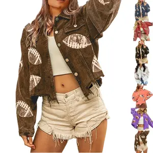 WoodBerry Women's Game Day Corduroy Sequin Football Cropped Jacket Rugby Oversized Lapel Button Down Shirt Shacket Coat Raw Hem Outerwear