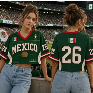 Mexico Crop Top Jersey, Green White 2026 Global Soccer Bold MEXICO Lettering Aztec Sun Flag Design Number 26, Perfect Gift for Her