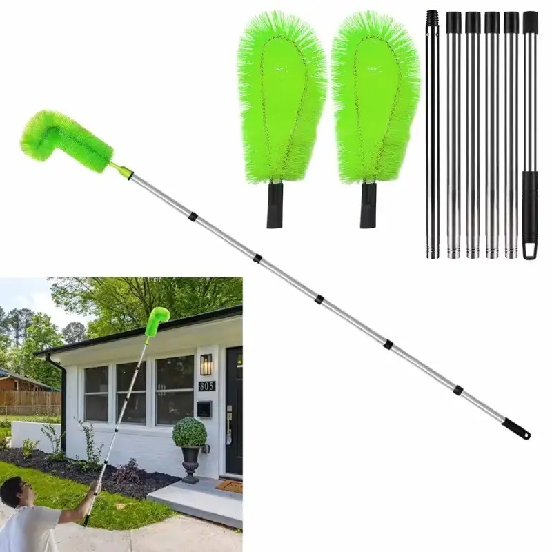 [Gutter Cleaning Tool] Roof Window Gutter Cleaning Tool 10.5-Foot Long with 8 Stainless Steel Pipes 2 Brushes Cleans Leaves Garbage (Green)