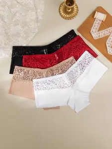 Women's 4pcs Plain Contrast Lace Scallop Trim Boxer Brief, Soft Comfy Breathable Seamless Drop Waist Knickers for Daily Wear, Underwear for All Seasons, Breathable Comfy Panties