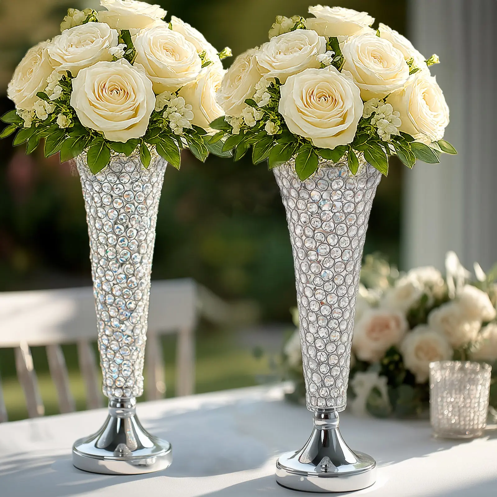 2-Pack Crystal Beaded Trumpet Vase Set 22" Silver - Table Centerpiece for Stylish Decor, Centerpieces Vases, Home Decorative Vase