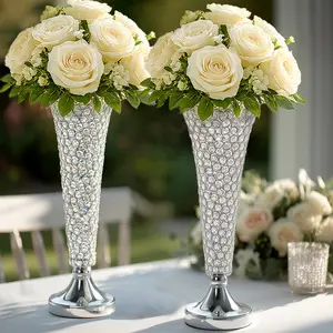 2-Pack Crystal Beaded Trumpet Vase Set 22" Silver - Table Centerpiece for Stylish Decor