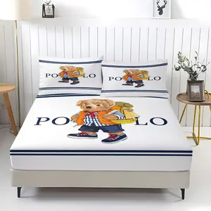 Cute Cartoon Polo Bear Print Bed Sheet Set, Anti-Slip Dustproof Cover for Kids, Teens, Adults, Bedroom & Guest Room Decor, Includes 1 Fitted Sheet and 2 Pillowcases, Decorative Bedsheet Sets