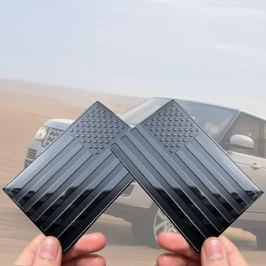 2-Piece Embossed 3D Metal Black/Sliver American Flag Emblem Stickers, 5 x 3 Inch USA Flag Decals for Cars, Trucks, SUVs, Laptops, and Walls