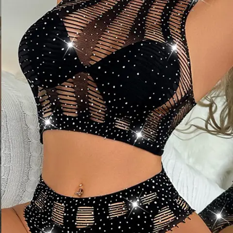 Women's Glitter Hollow Out Design Sheer Fit Lingerie Set, Fashion Breathable Comfy Lingerie for Daily Wear, Women's Underwear for All Seasons, Womenswear