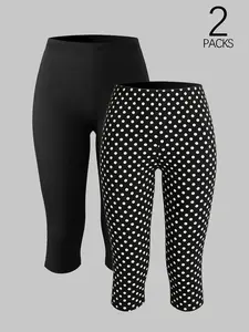 ! 2-Pack High Waist Knee-Length Leggings, Polka Dot & Solid, Buttery Soft Stretchy Workout Capris, Plus Size, All Seasons