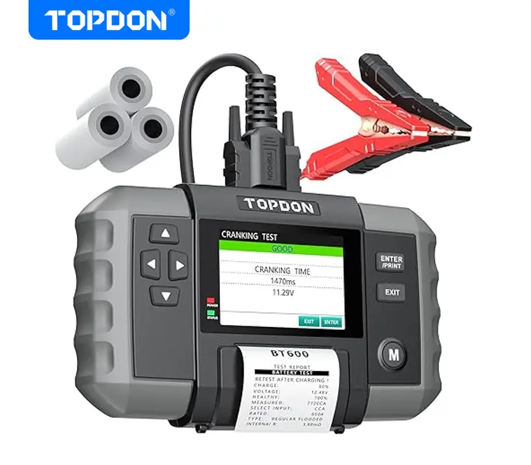 TOPDON BT600 Car Battery Tester, 12V-24V Automotive Diagnostic Tool for Cars with Built-in Printer, 3.5" Screen, 100-2000CCA Range, Precise Cranking Tests & Alternator Load Checks