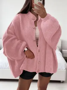 Women's Plus Size Loose-Fit Sweater Cardigan, Fall & Winter Knitted Jacket with Metal Button Design, Casual Plain Long Sleeve Outerwear, Womenswear