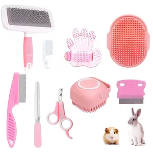 9PCS Small Animal Grooming Kit Cleaning Brush Removes Loose Hair Pet Bath Brush Shampoo Brush Nail Clipper Flea Comb For Rabbit Puppy Kitten Guinea Pig (9PCS-Pink)