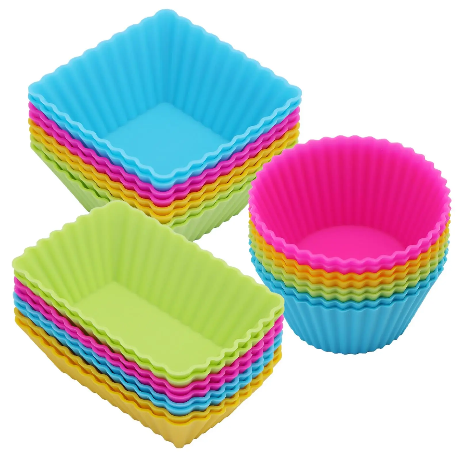 24Pcs Reusable Food-Grade Silicone Cake Cups Baking Bakeware Set - Kitchen Rectangular & Round Rainbow Liners, 3-Shaped Separator Compartments for Kids Bento Boxes, Eco-Friendly Non-Toxic BPA-Free, Economical Choice Durable Easy Cleaning, -104°F~446°F