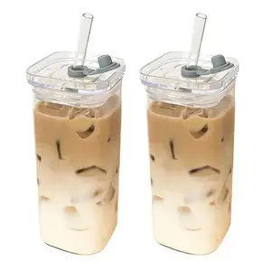 1 Pack Square Heat Resistant Coffee Glass Cup with Lid and Straw Transparent Milk Tea Juice Cup Coffee Cup for Home Bar Drinkware  Bottles cute tumbler