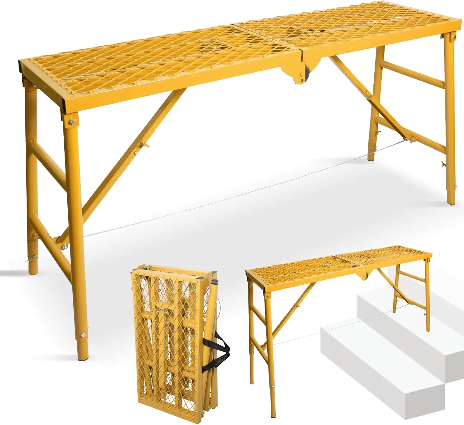 LEADALLWAY Adjustable Scaffolding Platform Ladder - 59"(L) x 15"(W) x 30"(H) Yellow Folding Work Platform for Home Improvement & Building Supplies