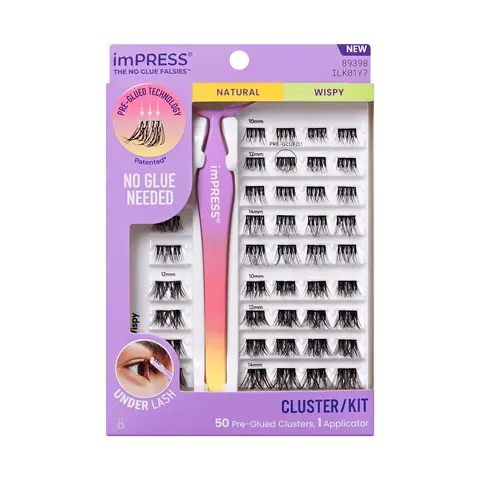 Impress Falsies Pre-Glued False Eyelashes Starter Kit - Natural & Wispy | 50 Lash Clusters, With Applicator, 10mm-14mm