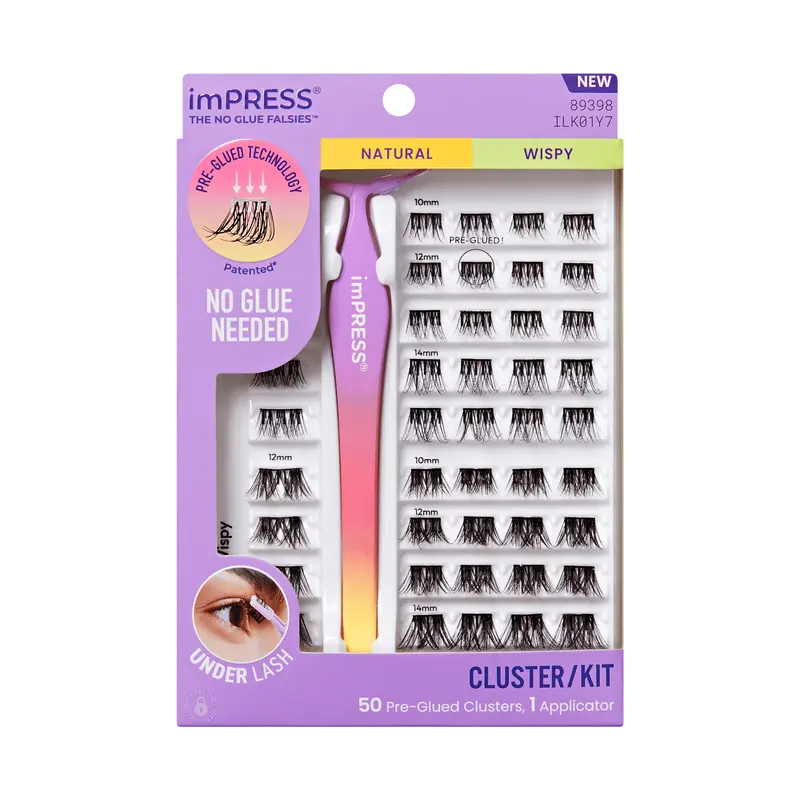 Impress Falsies Pre-Glued False Eyelashes Starter Kit - Natural & Wispy | 50 Lash Clusters, With Applicator, 10mm-14mm