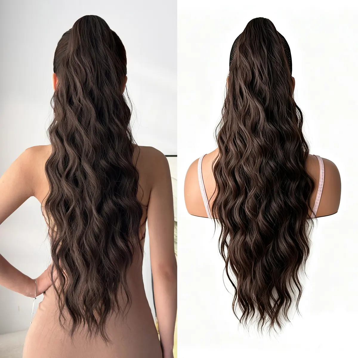 Heypink Claw Ponytail Extensions, 26-Inch Brown Water Wave Hair Transition Piece, Heat-Resistant Synthetic Fiber, for Women’s Party & Daily Use