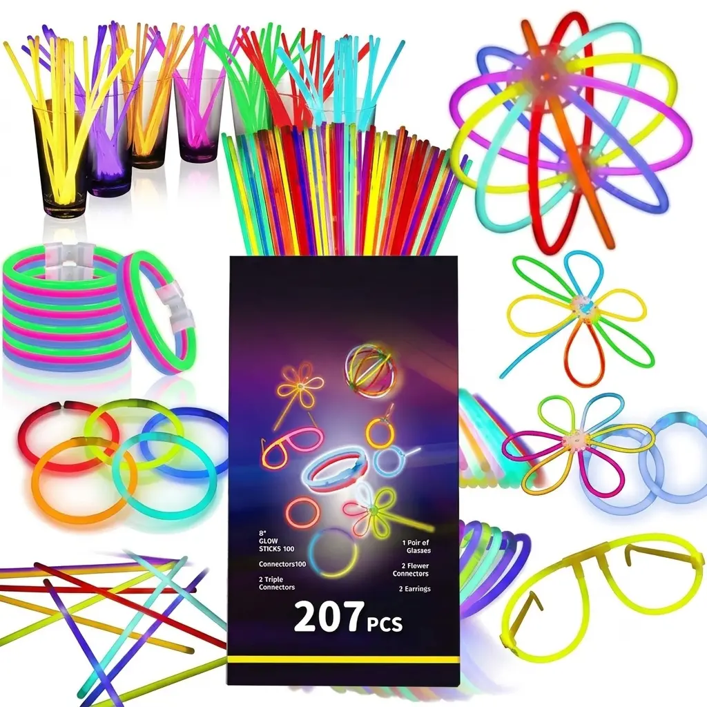 207 PCS Glow Sticks Bulk Party Pack – Glow in The Dark Party Supplies, 8" Glow Sticks Bracelets & Necklaces with Connectors, Halloween Party Favors for Kids, Neon Glow Party Accessories for Camping, Festivals & Birthday Parties