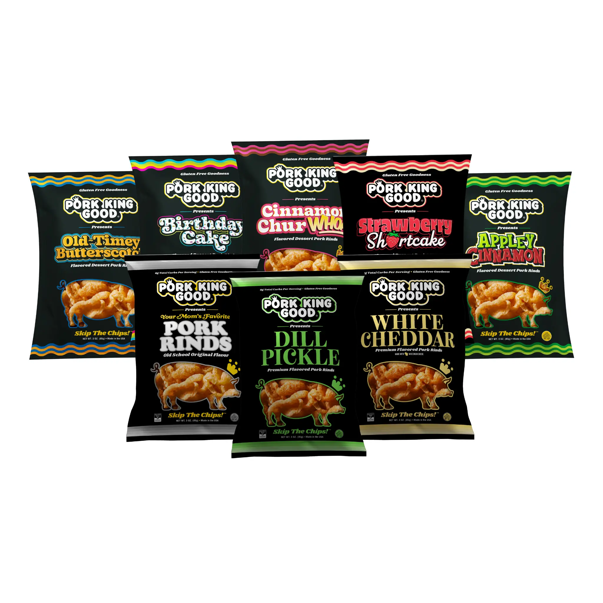 THE FAN FAVORITE PACK - 3 oz Pork Rind Variety Pack (8 Bags!) - Low Carb, Gluten Free Snacks THE FAN FAVORITE PACK - 3 oz Pork Rind Variety Pack (8 Bags!) - Low Carb, Gluten Free Snacks