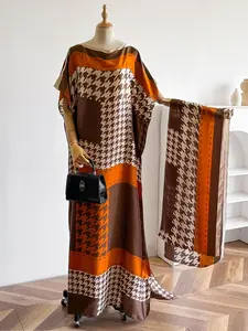 Elegant Women's Houndstooth Print Long Robe Set with Shawl, Beach Sun Protection Satin Scarf and Headband, Boho Style Beachwear, Cover Ups, Swimwear Coverups, Swimsuit Cover Ups