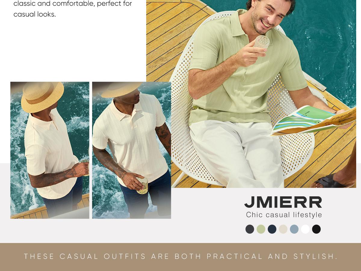 JMIERR 2026 Mens Casual Knit Polo Shirts Stretchy Old Money Textured Short Sleeve Dress Golf Shirts