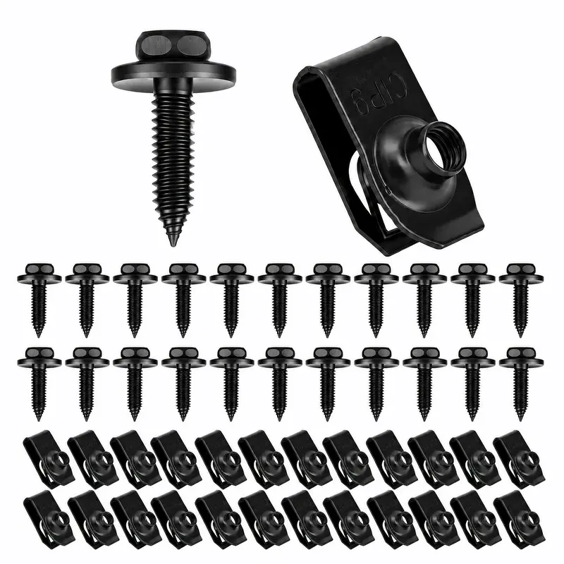 50PCS Automotive Body Bolt and U Nut Clip Kit, 25 Sets, 1/4" Black Hex Head Screws and U-Type Fastener Clips for Car Bumper, Fender, Engine Cover, Splash Shield and Auto Body Panel Repair