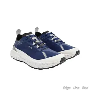 Navy Blue Runners with Light Gray-Silver Structural Line, Warm Orange Transition Band & Off-White Contoured EVA Midsole — Dark Gray Rubber Outsole, Geometric Groove Tread for Urban Trail Grip
