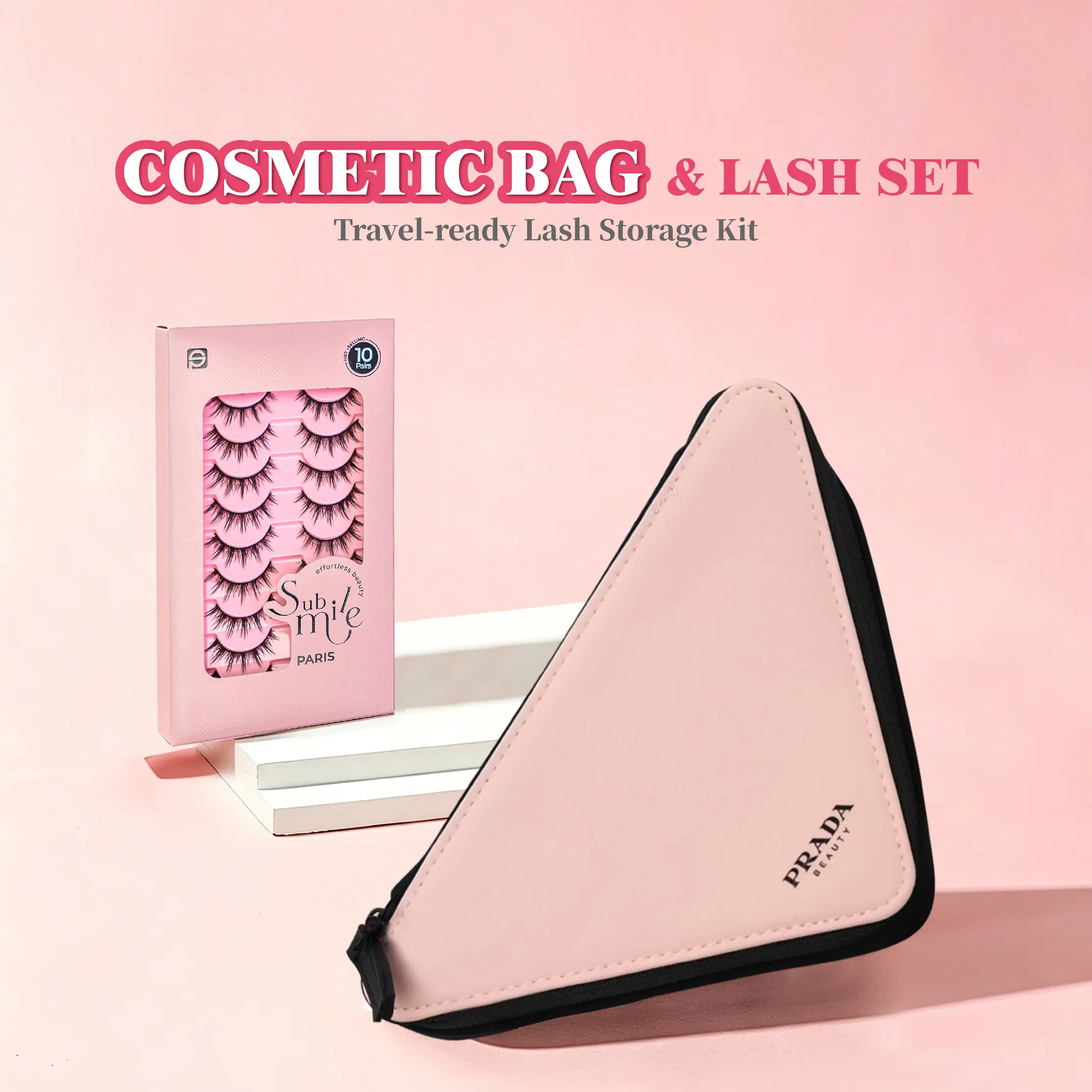 Prada Triangle Pink Toiletry Bag and Makeup Bag Comes with a free gift&Sublime ParisNatural Sunflower Lashes