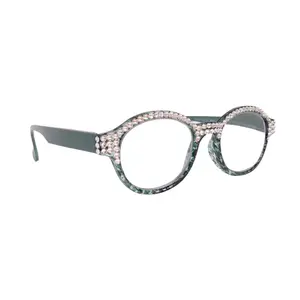 The Alchemist, (Bling) Round Women Reading Glasses W (Full TOP) (Clear) Genuine European Crystals (Hound tooth, Green) NY Fifth Avenue