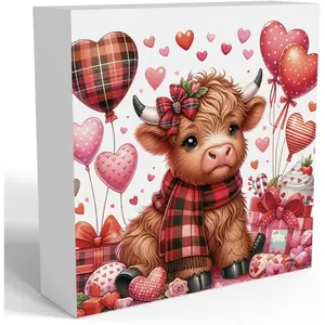 Valentines Day Decorations, Valentines Day Gifts for Her Him, Gift for Boyfriend Girlfriend, Heart Baby Highland Cow Anniversary Wooden Box Sign Husband Wife Home Office Bedroom Desk Decor Home Decor Products 5x5 inch
