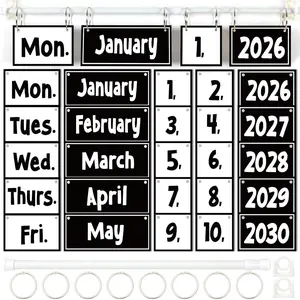 Black White Flip Calendar Bulletin Board Set, Black Calendar for Classroom Whiteboard Decor with 2026 to 2030 Date Cards and Adjustable Rod, Back to School Teacher Supplies for Home Elementary