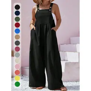Plus Size Solid Color Sleeveless Overalls with Pockets, Spring/Summer/Autumn, Black