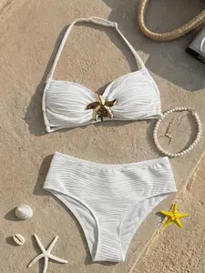 Brown Halter Bikini Set - Plain Vacation Swimwear with Gold Buckle Detail