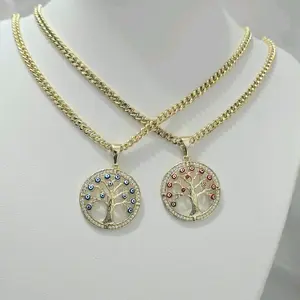 20 inches Gold Plated Chain with Tree of Life Pendant and Turkish Eyes Design for Stylish Jewelry