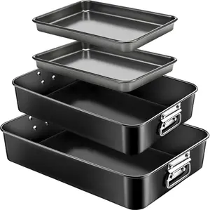 4 Pcs Deep Lasagna Baking Pan for Oven, 10/13.8/16 Inch Heavy Duty Baking Dishes Roasting Pans with Stainless Steel Handles, Versatile Bakeware for Cake and Brownie Baking