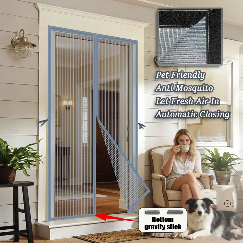 AIYYIPA Punch-Free Magnetic Screen Door - All-Season Anti-Mosquito Heavy-Duty Fiberglass Mesh Partition with Storage Clasp, Self-Sealing Gray Door Curtain for Home, Pet-Friendly, Prevents Insects from Entering, Gray Mesh Divider