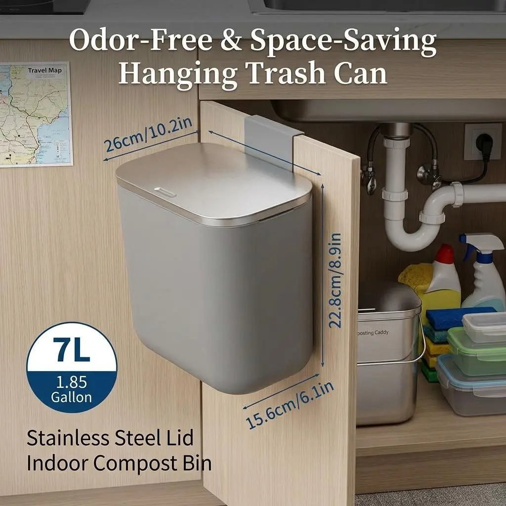 Garvee Hanging Trash Can With Lid Stainless Steel Indoor Compost Bin Odor Proof Cabinet Door Mount Garbage Can For Kitchen Bathroom RV Office