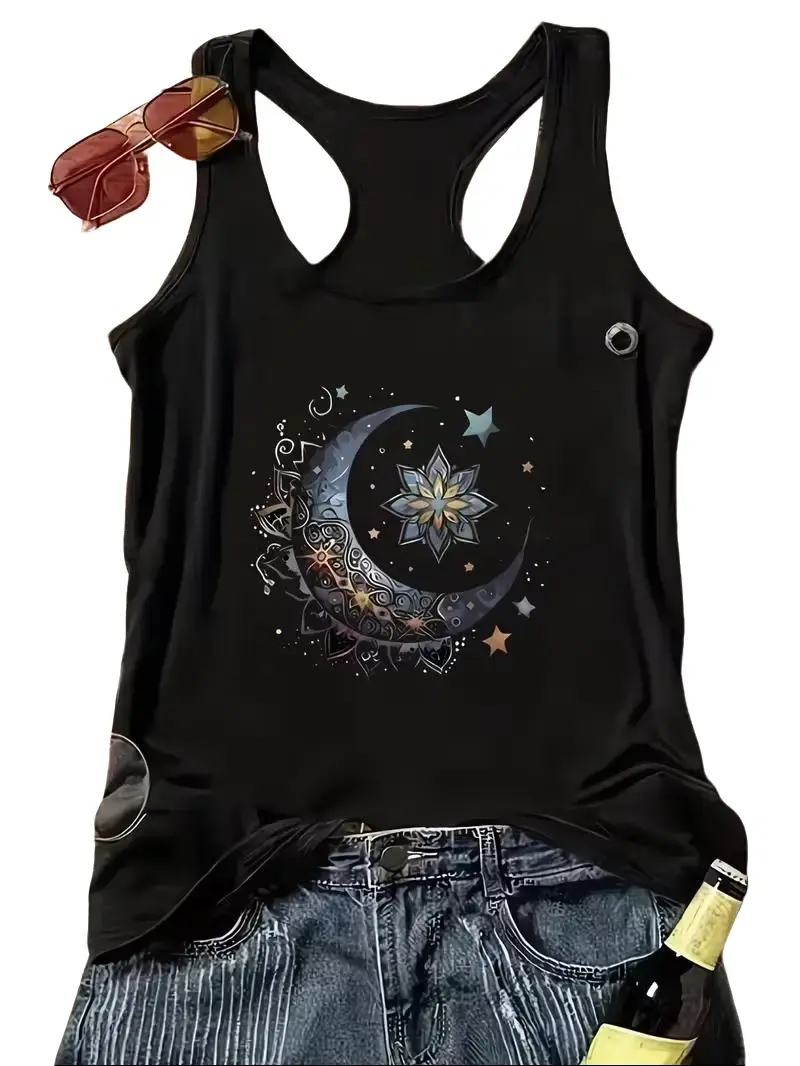 Boho Mandala Crescent Moon Star Celestial Witchy Graphic Racerback Tank Top | Vintage Style for All Seasons, Casual Wear & Outdoor Activities, Spiritual Mystical Holiday Gift for Women Elegant Black