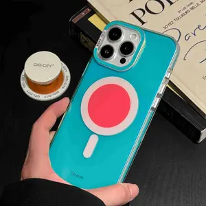 Customizable MagSafe Phone Case - Macaron Pastel Color Block Contrast Style, Full-Wrap Metal Buttons, Anti-Slip Shockproof Cover for IP 15, 16 Pro/Max, 17 Pro Max (Trendy Purple), Customize