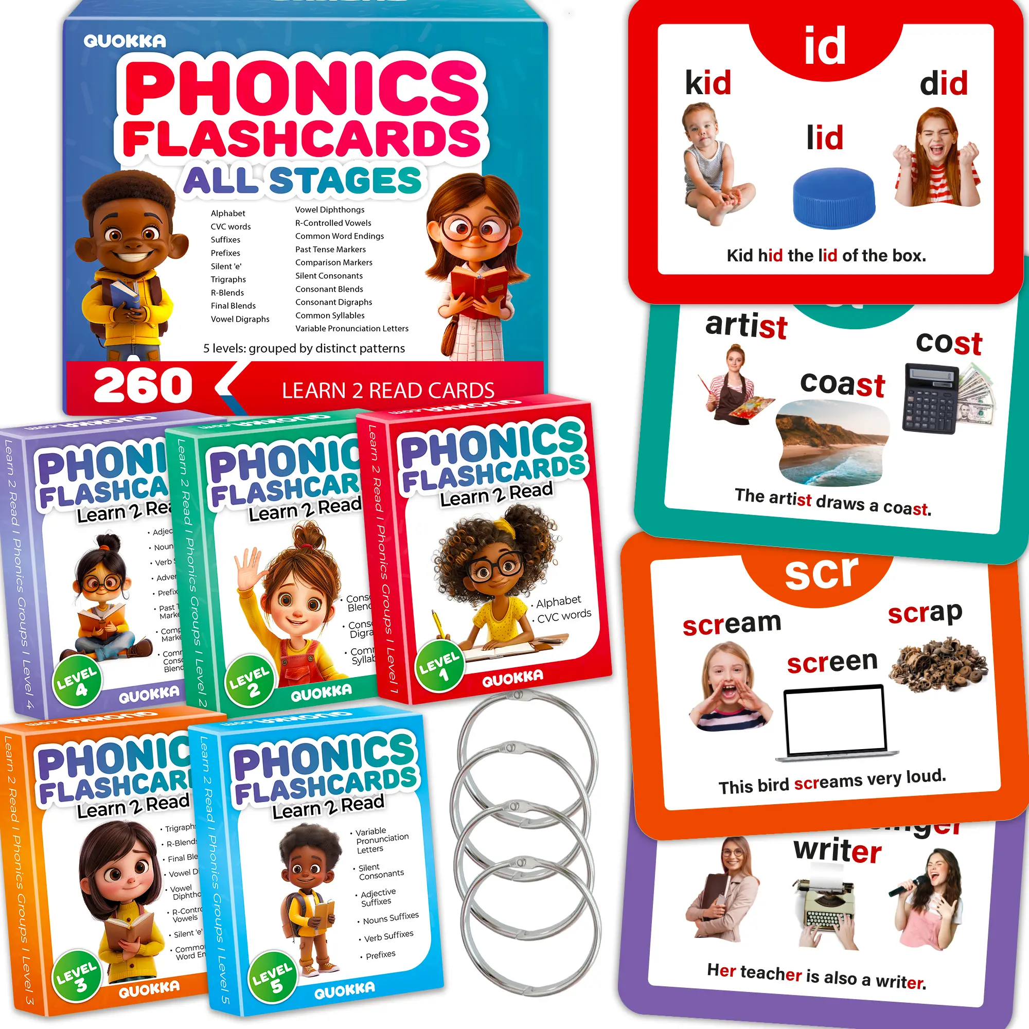 QUOKKA Portable Phonics English Vocabulary Flashcards Set, 260-Card Colorful Large Format Playful Cards for Kids 5-8 Years to Boost Reading Fluency, English Cards
