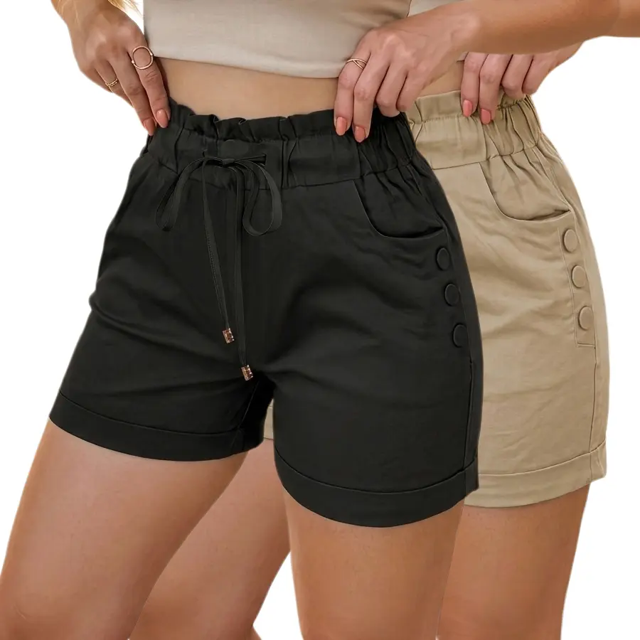 Women's Minimalist Beige Casual Summer Shorts - Breathable Lightweight Soft-Touch Fabric, Machine Washable, Solid Color, Contrast Belt, Suitable for Casual & Formal Occasions