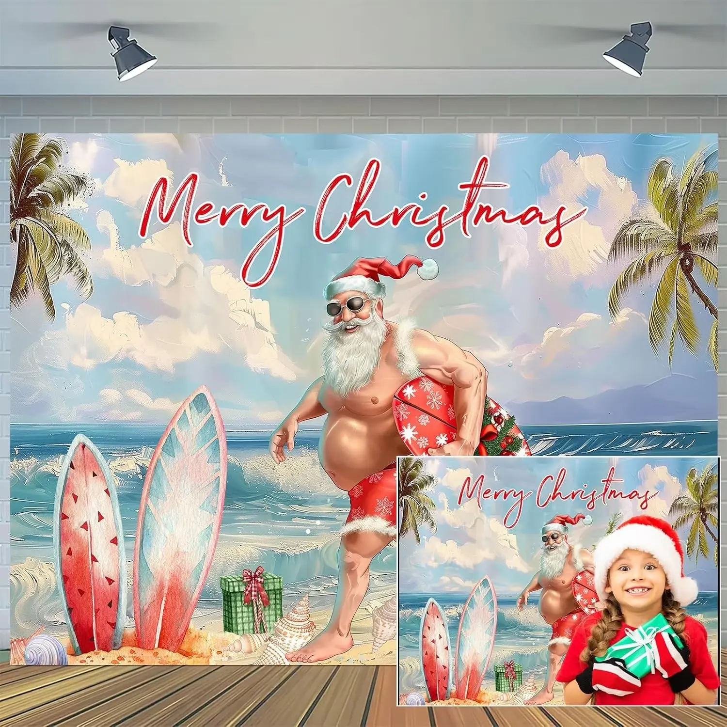 Tropical Surfing Santa Christmas Backdrop – Buff Santa with Surfboard, Beach & Palm Trees, Perfect for Reverse-Season Christmas Parties & Vacation Decor, Brings Playful Holiday Vibe, A Whimsical Summer-Christmas Gift, 2D Print