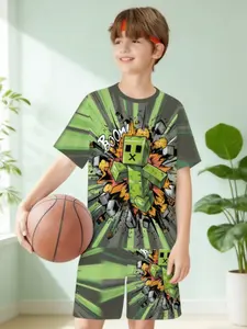 Pixel Game Creepers Explosion Print Short Sleeve Shorts Set, Boys' Casual Two-Piece, Fitted Style, All Seasons