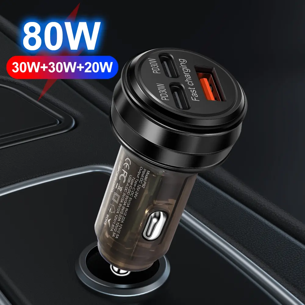 AXVIV 80W Fast Car Charger with 3 Ports, Dual PD 30W and QC 20W Quick Charge Adapter, Professional Charging Station for iPhone and Android, Compact and Durable Power Plug for Electric Vehicles, Universal 12V/24V Auto Accessory, Black
