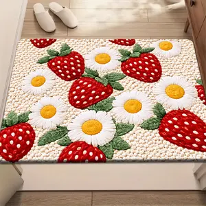 Strawberry Daisy Pattern Flannel Doormat Ultra Soft Cozy Non Slip Waterproof Machine Washable Printed Floor Mat Perfect For Bedroom Kitchen Dining Room Bathroom Entryway Indoor Home Decor Treads Stair Non-Slip absorbent water door decorative