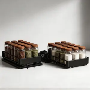 Nieifi Pull-Out Spice Rack 6.5" Wide Single Tier 2-Pack Holds 30 Jars Smooth Slide Ball Bearing Rails No-Drill Installation for Kitchen Cabinets Pantry Shelves - Bathroom Storage Organiser