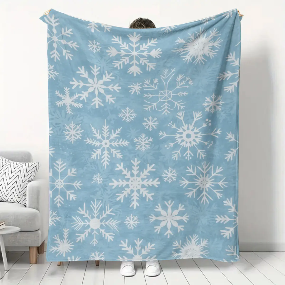 Large Soft Thick Flannel Blanket, Turquoise Blue & Snowflake Pattern, All Seasons Bedspread, Sofa Throw, Travel Home Decor