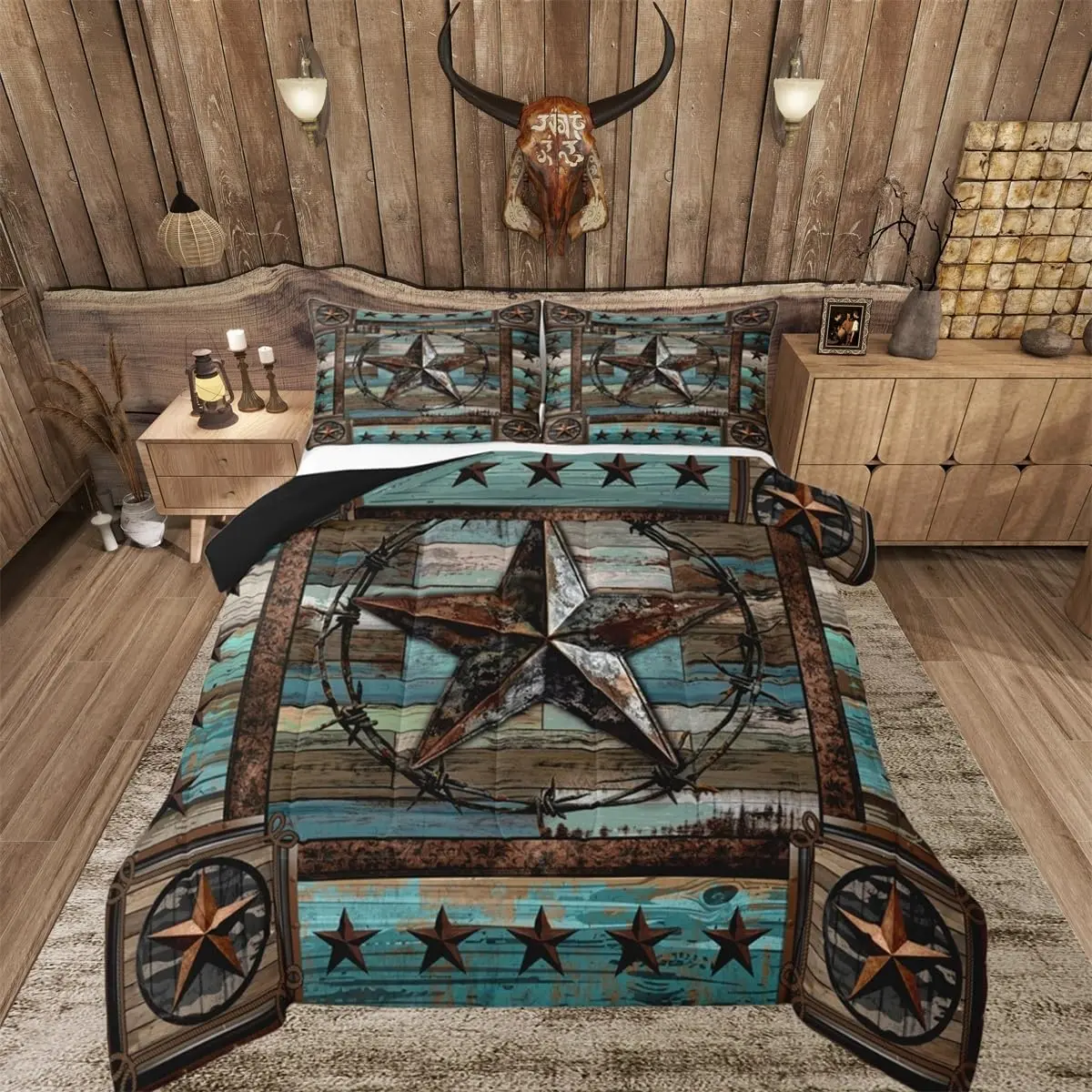 Teal West Texas Star Bedding Set Western Aztec Comforter Set Decor Cowboy Rustic Farmhouse Tribal Exotic Style Duvet Quilt Breathable Soft Bedroom Decor