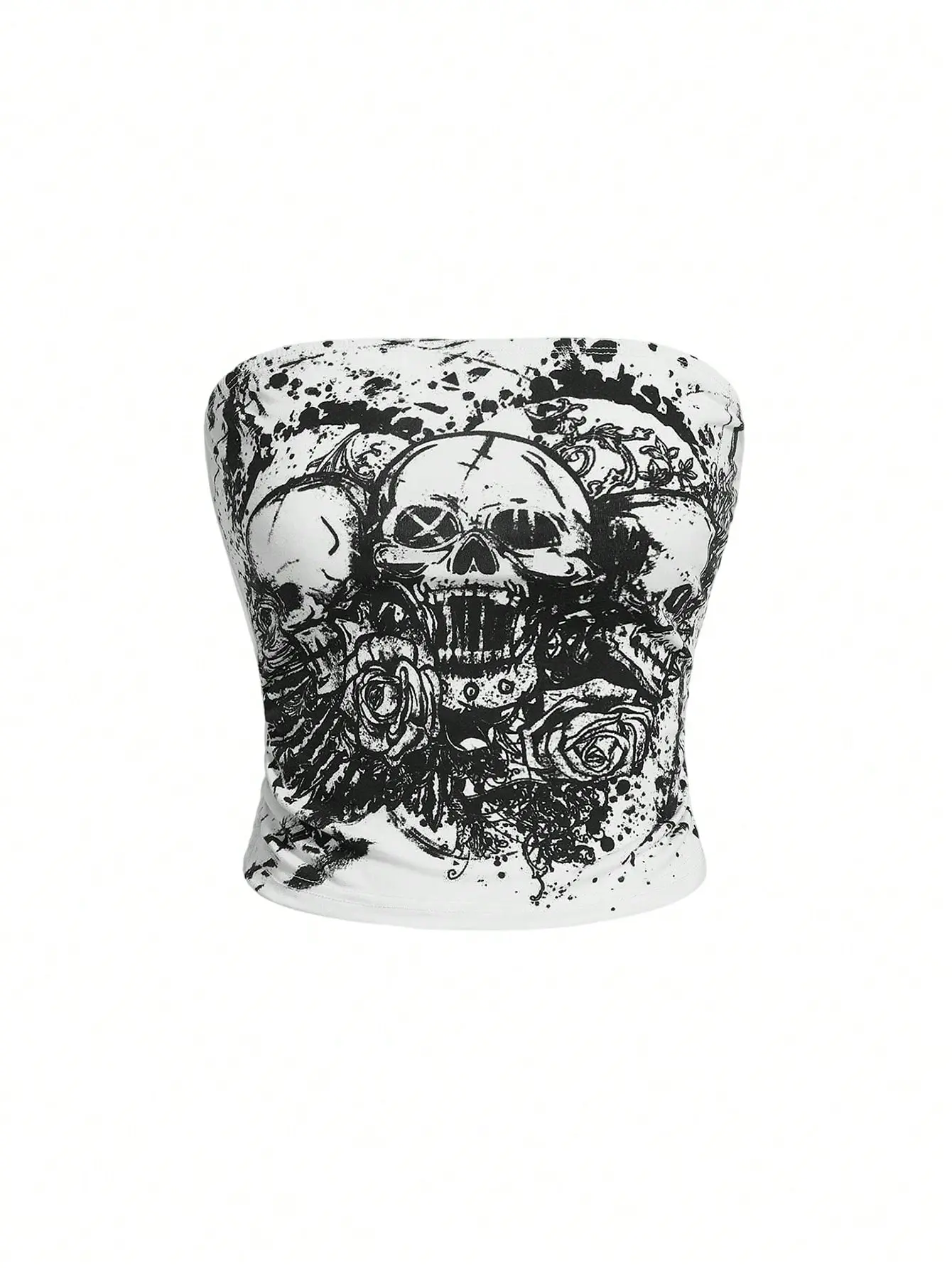 VYNCE Goth Skull Printed Bandeau Top Women's Strapless Burgundy Cotton Crop Top Regular Fit Summer Festival Outfit Y2K Aesthetic