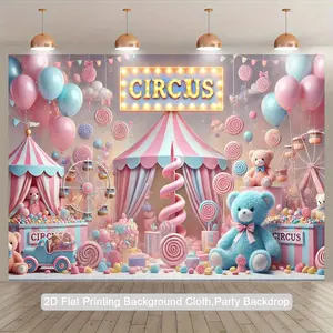 2D Flat, 1pc Circus Party Backdrop - Circus Theme Birthday Decoration with Tent, Candy Apples & Balloons - Pastel Pink/Blue/White/ Golden Carnival Decor - Lightweight Polyester Photography Background for Photo Booth, Birthday Party, Circus Event -